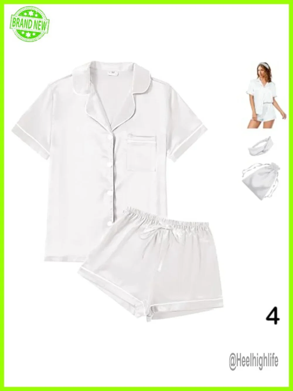 Silk Satin Pajama Set with Headband and Pouch Bag - Short Sleeve, Button Front,